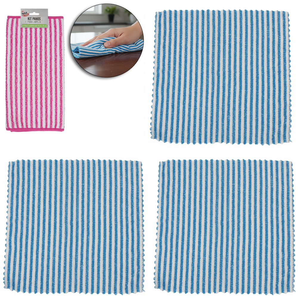 PANO DE LIMPEZA DE POLIESTER MULTIUSO MAX CLEAN COM 3 PECAS 30X30CM
