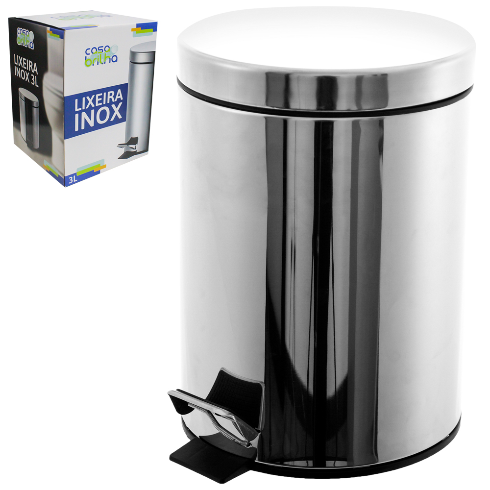 LIXEIRA COM PEDAL REDONDA DE INOX E BALDE INTERNO REMOVIVEL CASA BRILHA 3L 24,3X16,8CM DE Ø