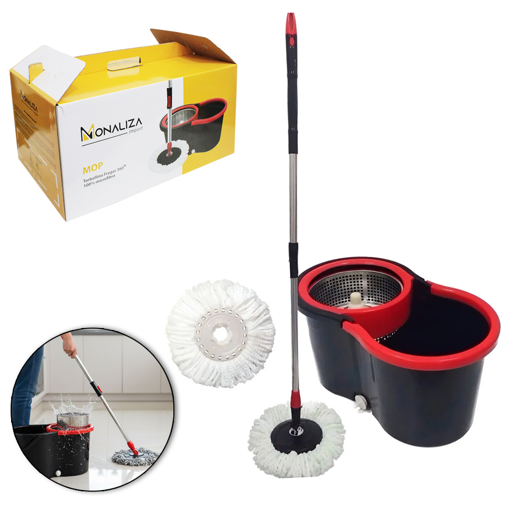 ESFREGAO MOP GIRATORIO 360º COM BALDE 12L + CESTO DE INOX E CABO EXTENSIVEL