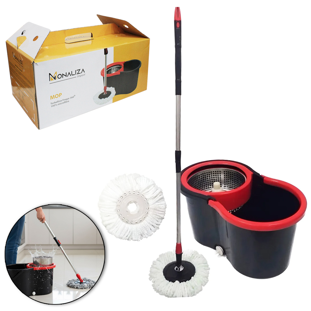 ESFREGAO MOP GIRATORIO 360º COM BALDE 8L + CESTO DE INOX E CABO EXTENSIVEL