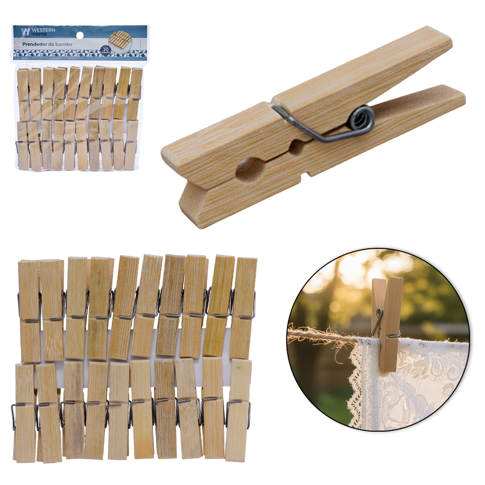 PRENDEDOR DE ROUPA DE BAMBU COM 20 PECAS 6X1CM