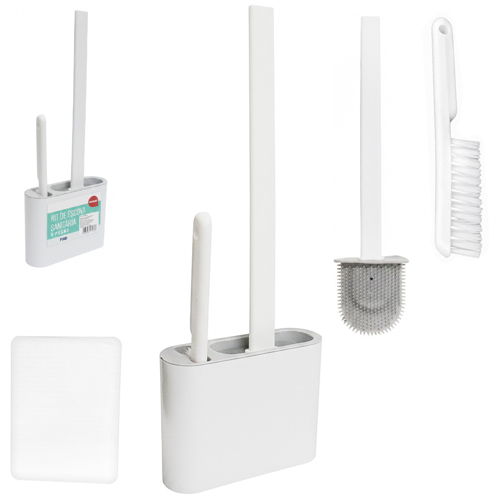 ESCOVA SANITARIA DE SILICONE COM SUPORTE + BASE DE PLASTICO OVAL PAREDE E AUTOADESIVO + ESCOVA MULTIUSO INOVA