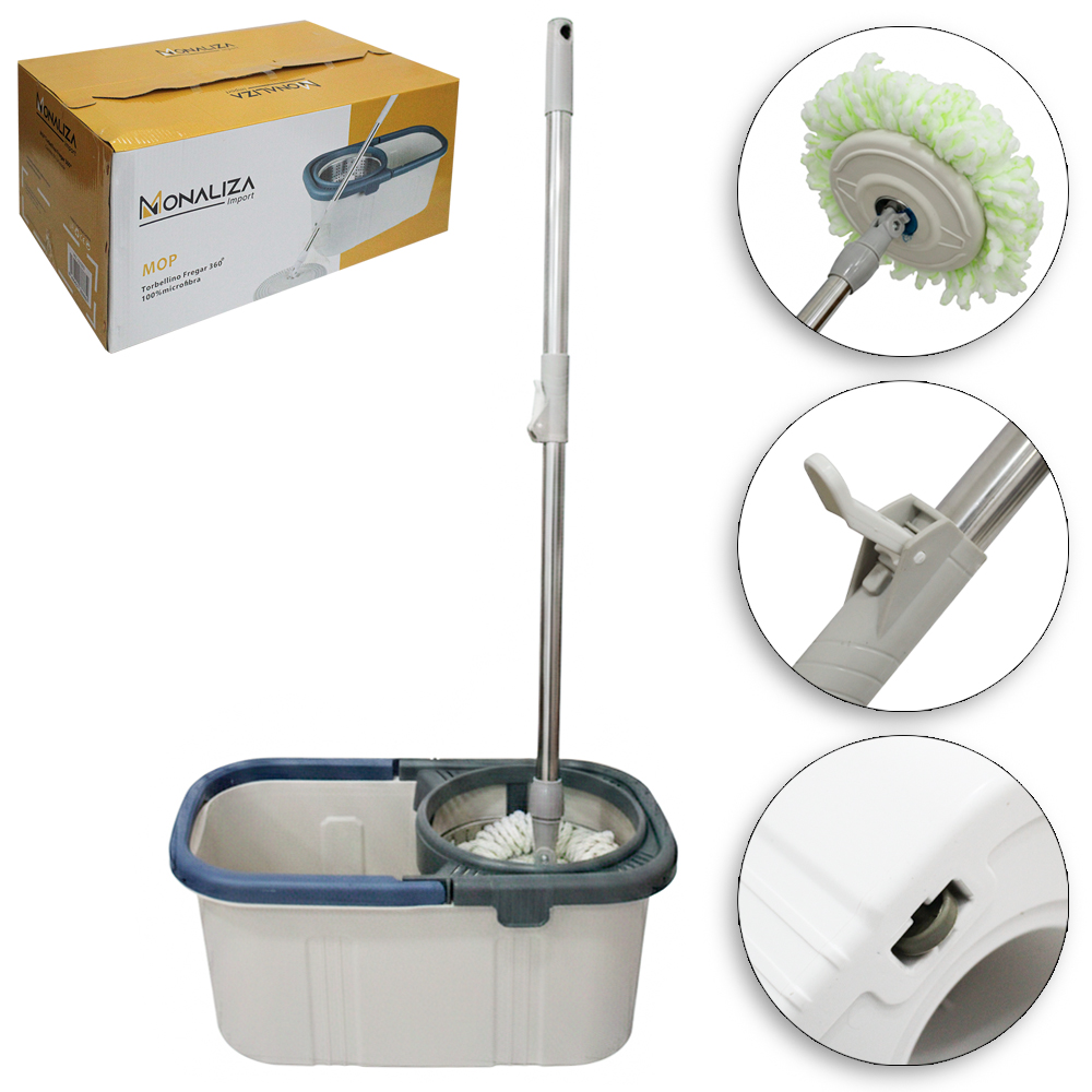 ESFREGAO MOP GIRATORIO 360º COM BALDE 12 LITROS + CESTO DE INOX E CABO EXTENSIVEL
