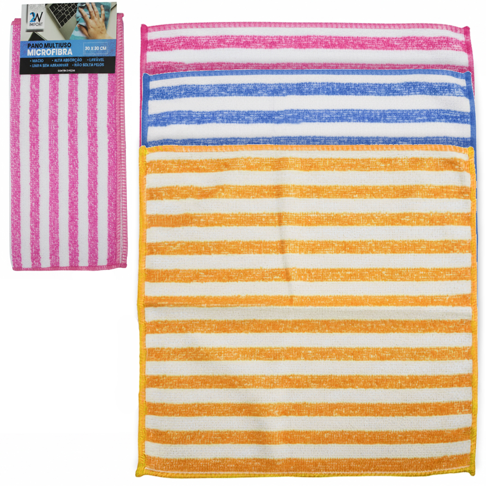 PANO DE LIMPEZA DE MICROFIBRA MULTIUSO COM 3 PECAS 30X30CM