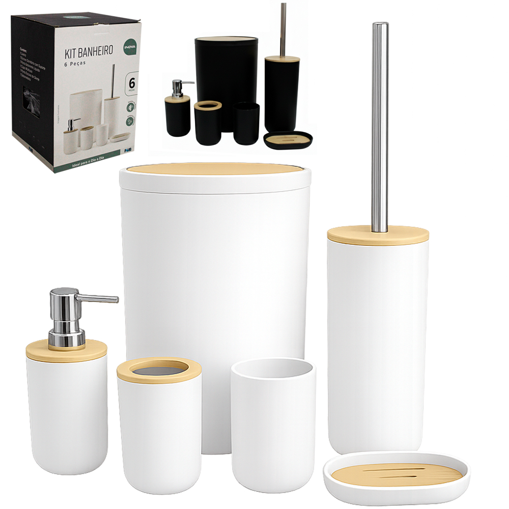 JOGO PARA BANHEIRO LIXEIRA / ESCOVA SANITARIA / PORTA SABONETE LIQUIDO / SABONETEIRA/2 PORTA ESCOVA PLASTICO / BAMBU INO