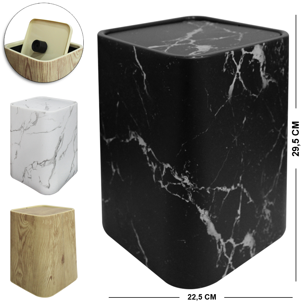 LIXEIRA DE PLASTICO QUADRADA COM TAMPA BASCULANTE MARMORE / TIPO MADEIRA 9L 29,5X22,5CM