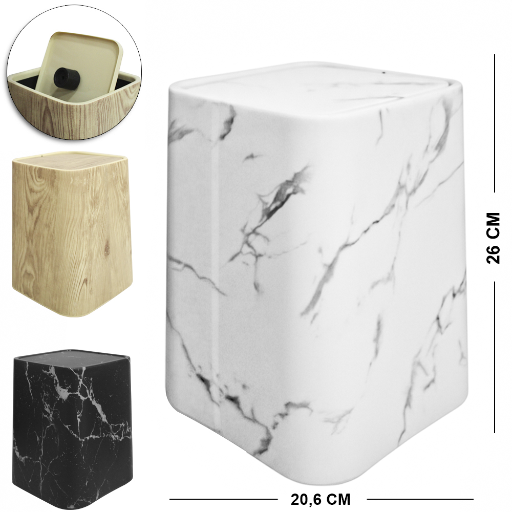 LIXEIRA DE PLASTICO QUADRADA COM TAMPA BASCULANTE MARMORE / TIPO MADEIRA 7L 26X20,6CM