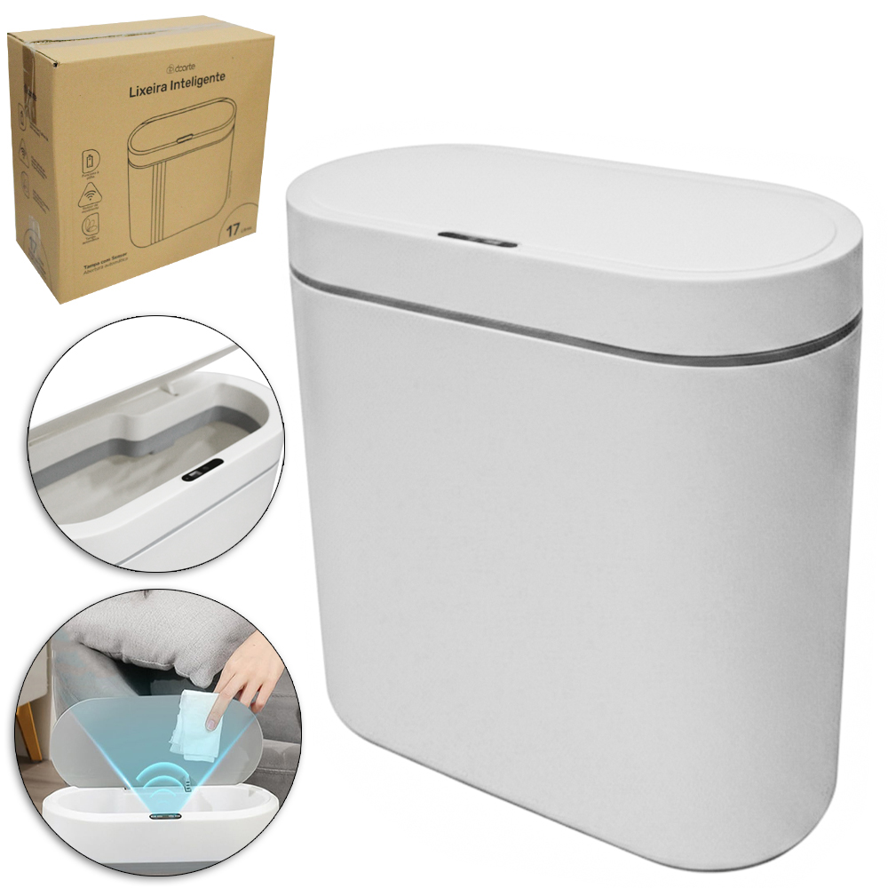 LIXEIRA INTELIGENTE COM TAMPA AUTOMATICA SENSOR DE APROXIMACAO A PILHA 17L 33X30,2X16CM