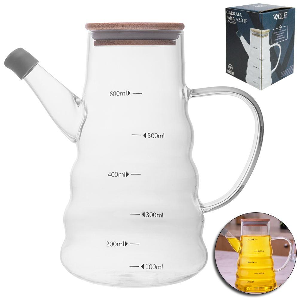 GALHETEIRO GARRAFA PARA AZEITE DE VIDRO BOROSSILICATO COLMEIA GRADUADO COM TAMPA DE MADEIRA / BAMBU WOLFF 600ML