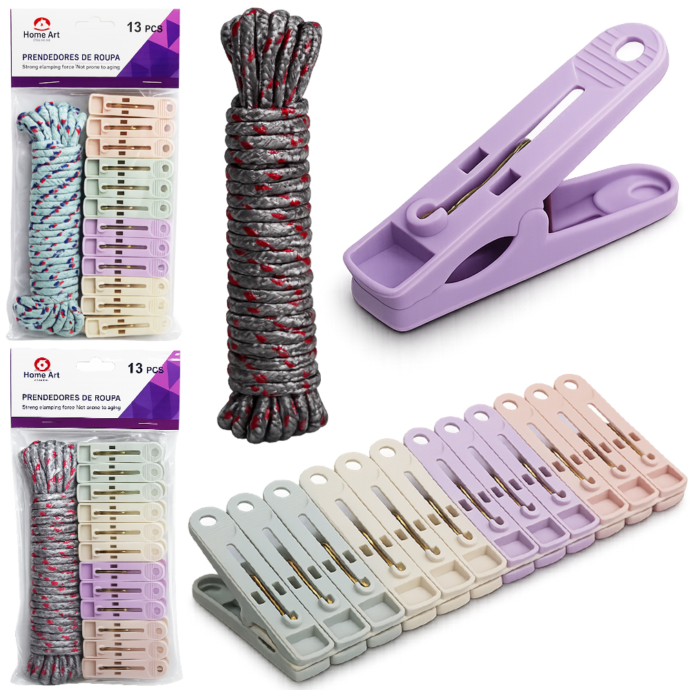 PRENDEDOR DE ROUPA DE PLASTICO COLORS COM 12 PECAS 5,5X1,3CM + CORDA MESCLADA DE VARAL 5M