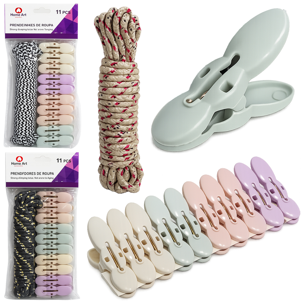 PRENDEDOR DE ROUPA DE PLASTICO COLORS COM 10 PECAS 5,5X1,5CM + CORDA MESCLADA DE VARAL 5,1M