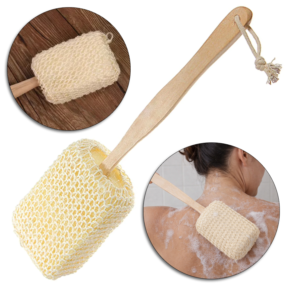 ESPONJA DE BANHO FIBRA VEGETAL E ESPUMA COM CABO DE MADEIRA