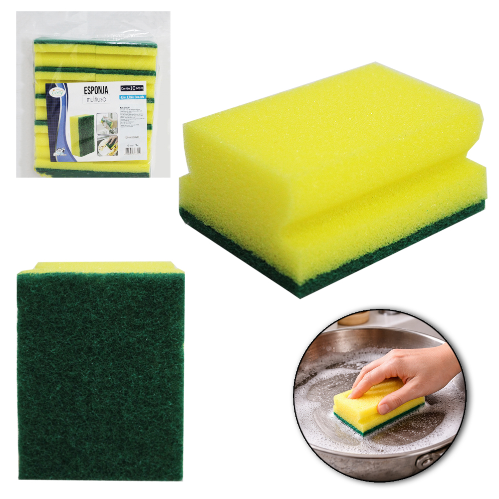ESPONJA / BUCHA ABRASIVA MULTIUSO DUPLA FACE COM 10 PECAS 90X65X40MM