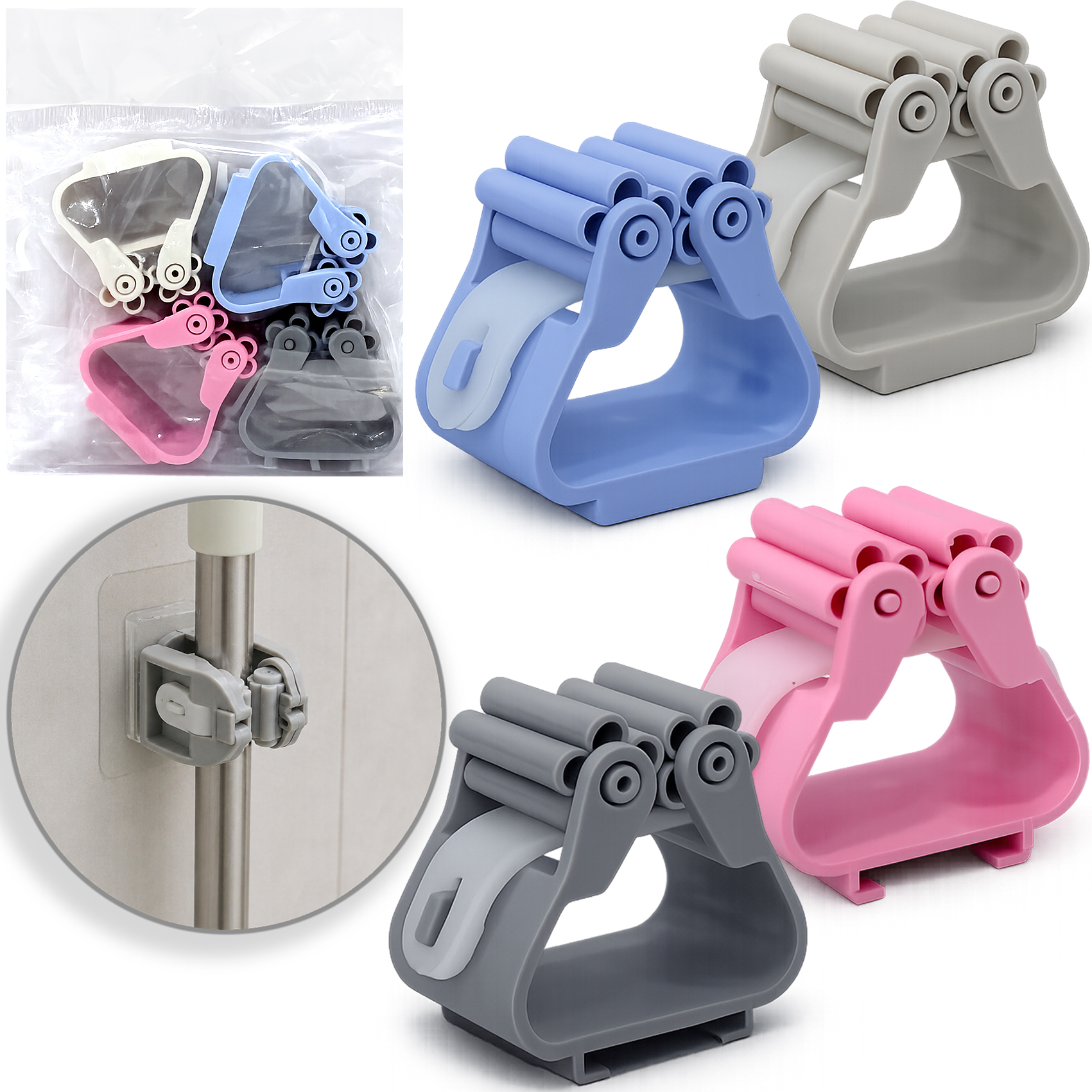 SUPORTE PORTA VASSOURA COM ENCAIXE DE PLASTICO AUTOADESIVO COM 4 PECAS 5,5X5CM