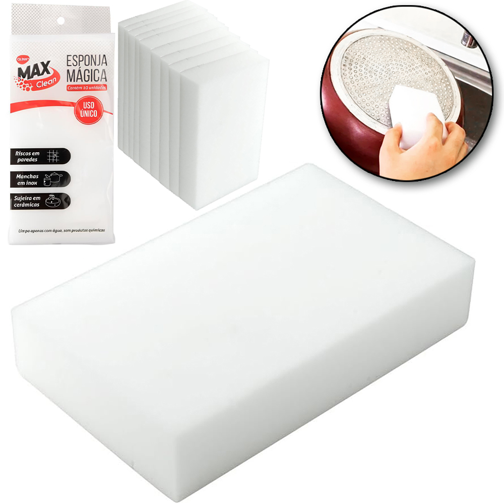 ESPONJA / BUCHA MAGICA DE ESPUMA PARA MANCHAS DIFICEIS MAX CLEAN COM 10 PECAS 10X6X2CM