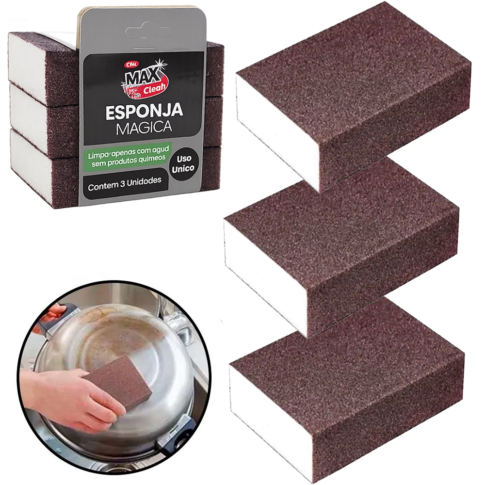 ESPONJA / BUCHA MAGICA DE ESPUMA PARA LIMPEZA PESADA MAX CLEAN COM 3 PECAS 9,5X7X2,5CM