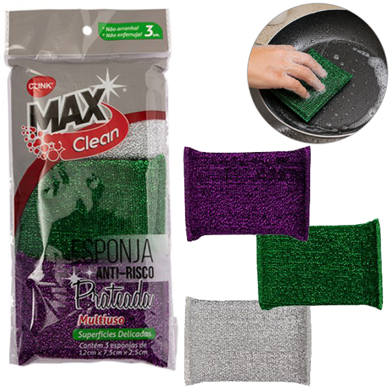 ESPONJA / BUCHA PARA LIMPEZA ANTI-RISCO PRATEADA MAX CLEAN COM 3 PECAS 12X7,5X2,5CM