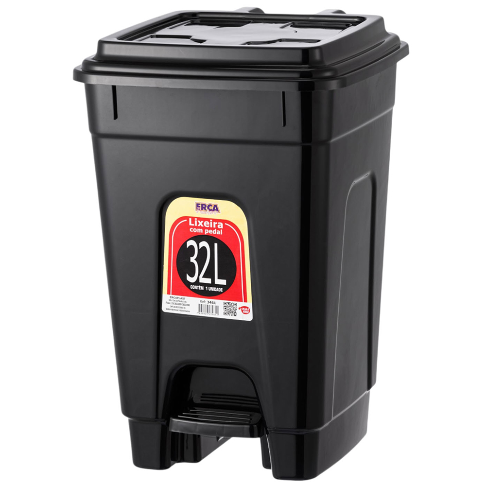 LIXEIRA COM PEDAL DE PLASTICO QUADRADA COM TAMPA PRETA 32L 49X37X33CM