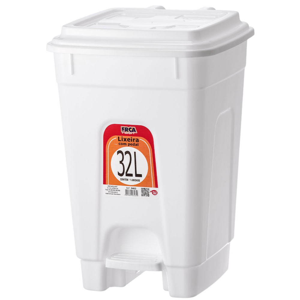 LIXEIRA COM PEDAL DE PLASTICO QUADRADA COM TAMPA BRANCA 32L 49X37X33CM