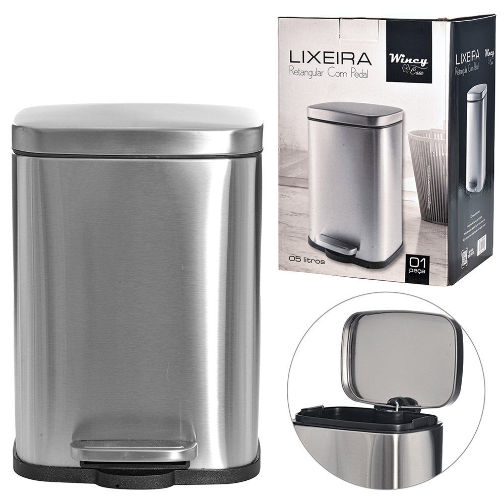 LIXEIRA DE INOX COM PEDAL + TAMPA FECHAMENTO SUAVE RETANGULAR E BALDE INTERNO REMOVIVEL 5L