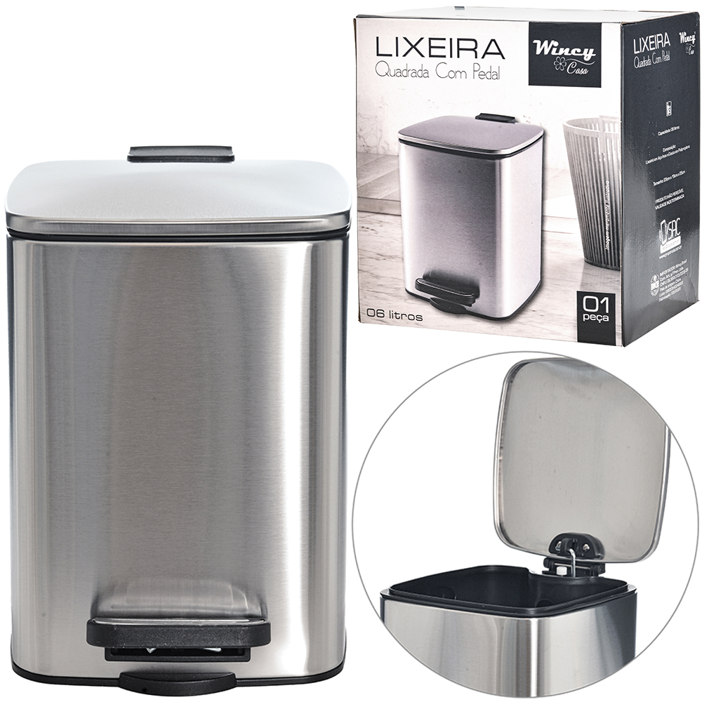LIXEIRA DE INOX COM PEDAL + TP. FECHAMENTO SUAVE QUADRADA E BALDE INTERNO REMOVIVEL 6L