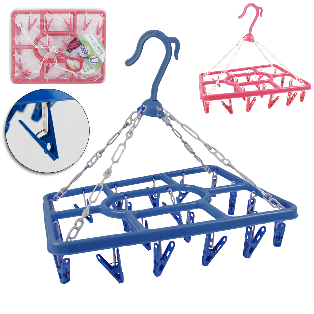 VARAL DE PENDURAR DE PLASTICO RETANGULAR FIXO COM 20 PRENDEDORES 37X29CM