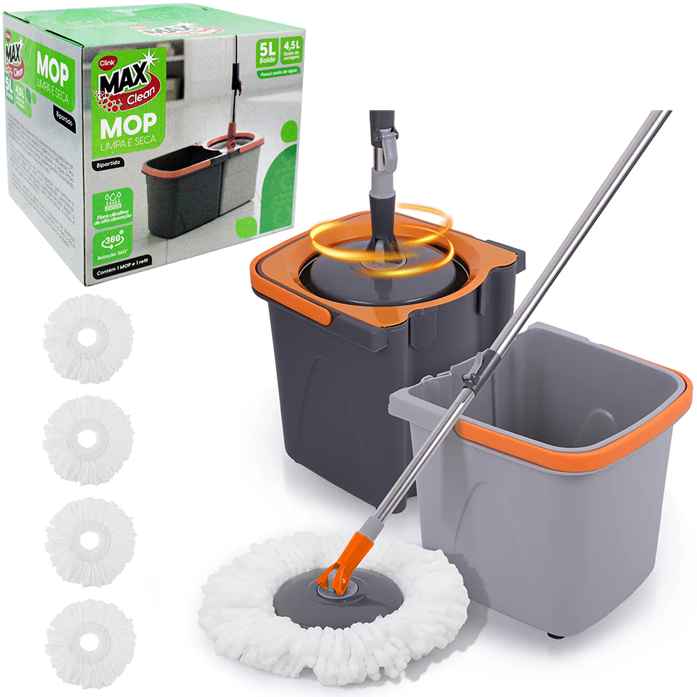 ESFREGAO MOP GIRATORIO 360º BIPARTIDO COM BALDE 5 LITROS E (BALDE) DE SECAGEM 4,5 LTS E CABO EXTENSIVEL MAX CLEAN 