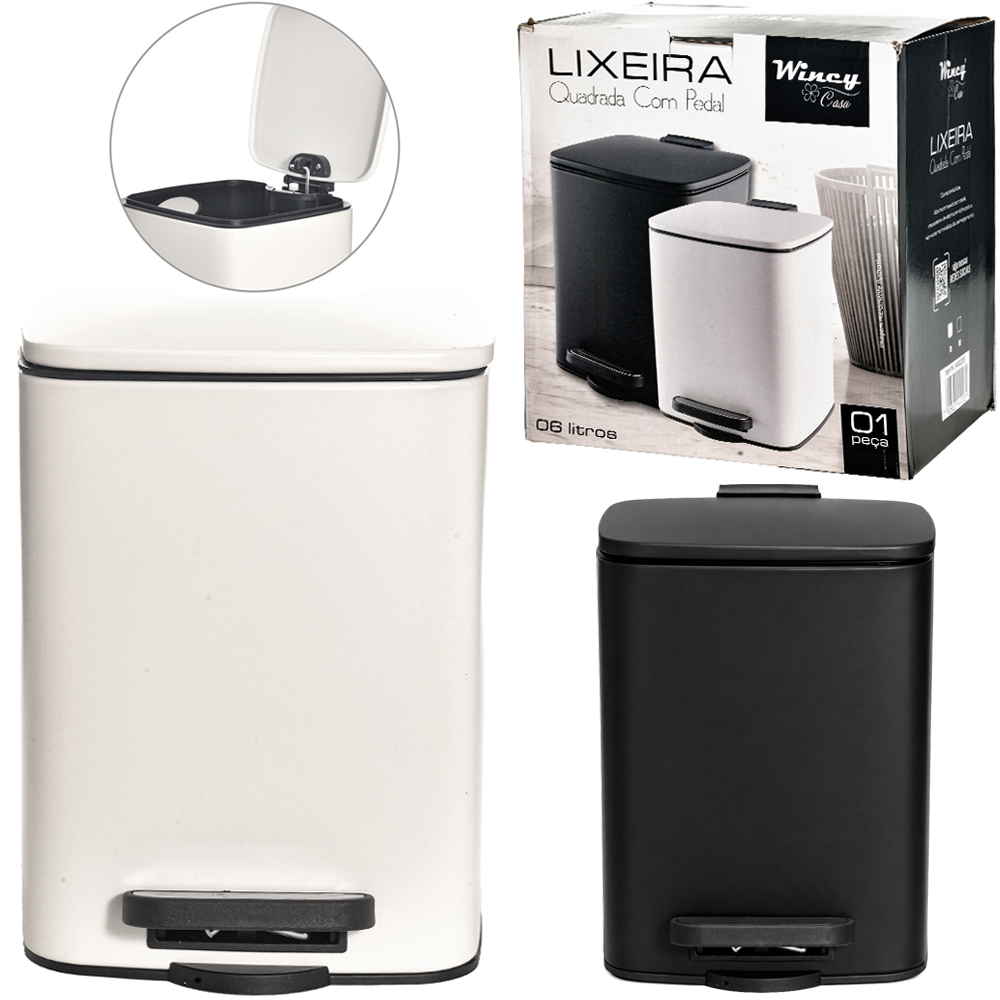 LIXEIRA DE INOX COM PEDAL + TAMPA FECHAMENTO SUAVE QUADRADA E BALDE INTERNO REMOVIVEL BRANCO / PRETO 6L
