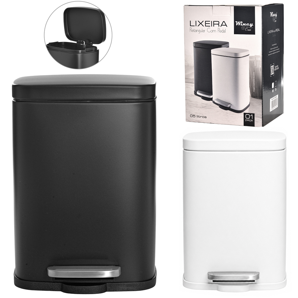 LIXEIRA DE INOX COM PEDAL + TAMPA FECHAMENTO SUAVE RETANGULAR E BALDE INTERNO REMOVIVEL BRANCO / PRETO 5L