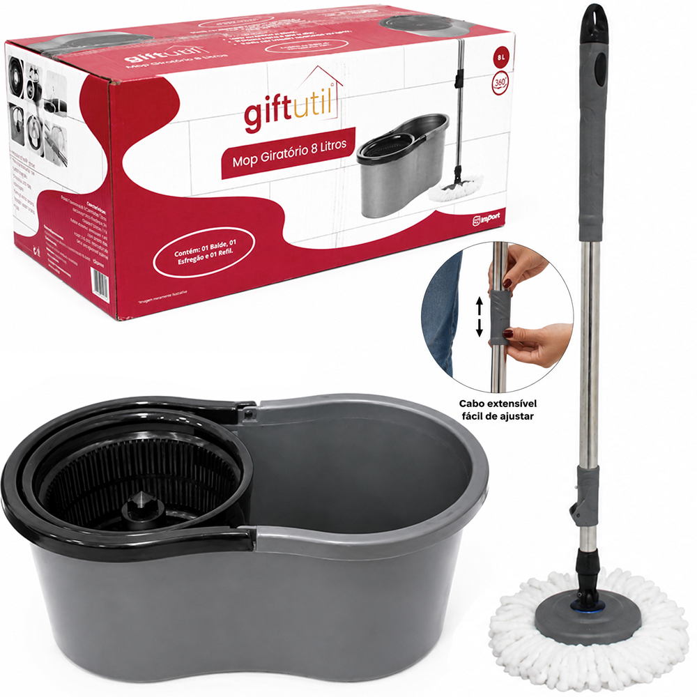 ESFREGAO MOP GIRATORIO 360º COM BALDE 8L E CABO EXTENSIVEL