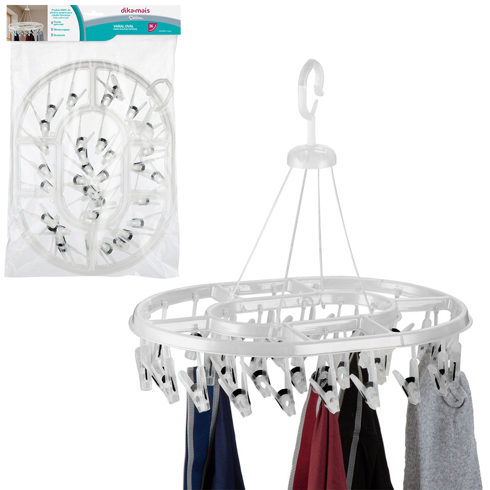 VARAL DE PENDURAR DE PLASTICO OVAL FIXO COM 36 PRENDEDORES DIKAMAIS CRISTAL 44X33CM