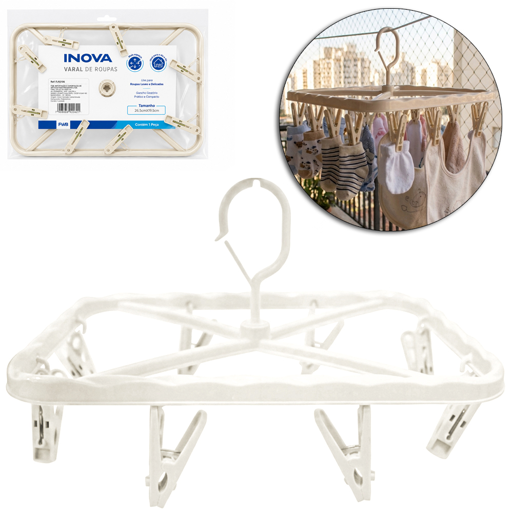 VARAL DE PENDURAR DE PLASTICO RETANGULAR FIXO COM 8 PRENDEDORES INOVA 26,5X19,5CM