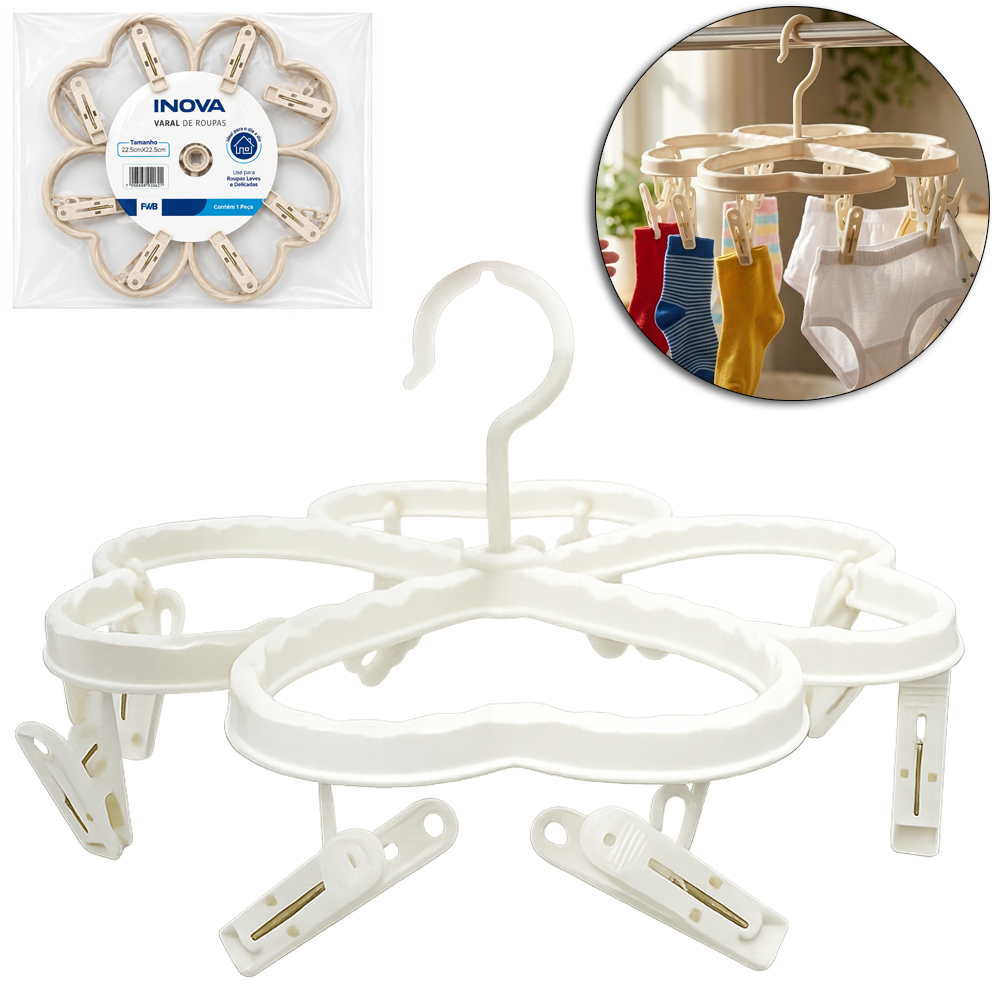 VARAL DE PENDURAR DE PLASTICO FLOR FIXO COM PRENDEDORES INOVA 22,5CM DE Ø 