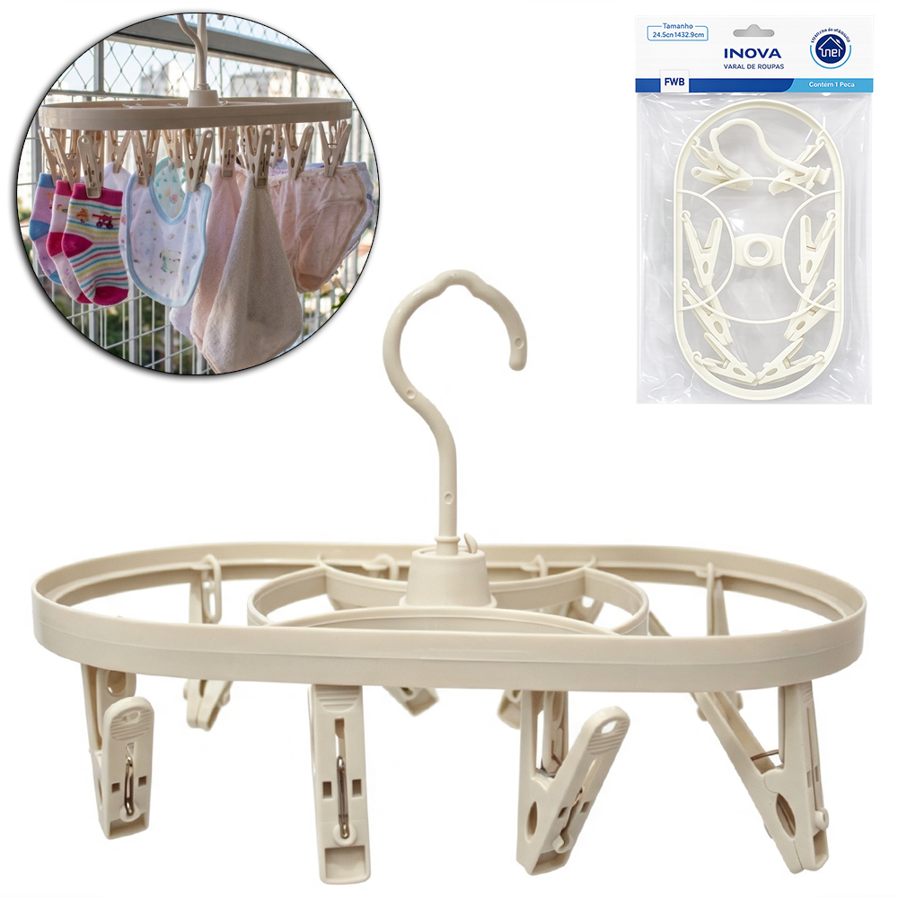VARAL DE PENDURAR DE PLASTICO OVAL FIXO COM 8 PRENDEDORES INOVA 24,5X13,2CM