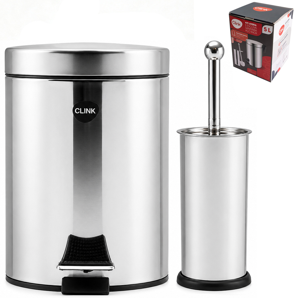JOGO PARA BANHEIRO LIXEIRA COM PEDAL REDONDA E BALDE INTERNO REMOVIVEL 5L + ESCOVA SANITARIA  DE INOX COM SUPORTE
