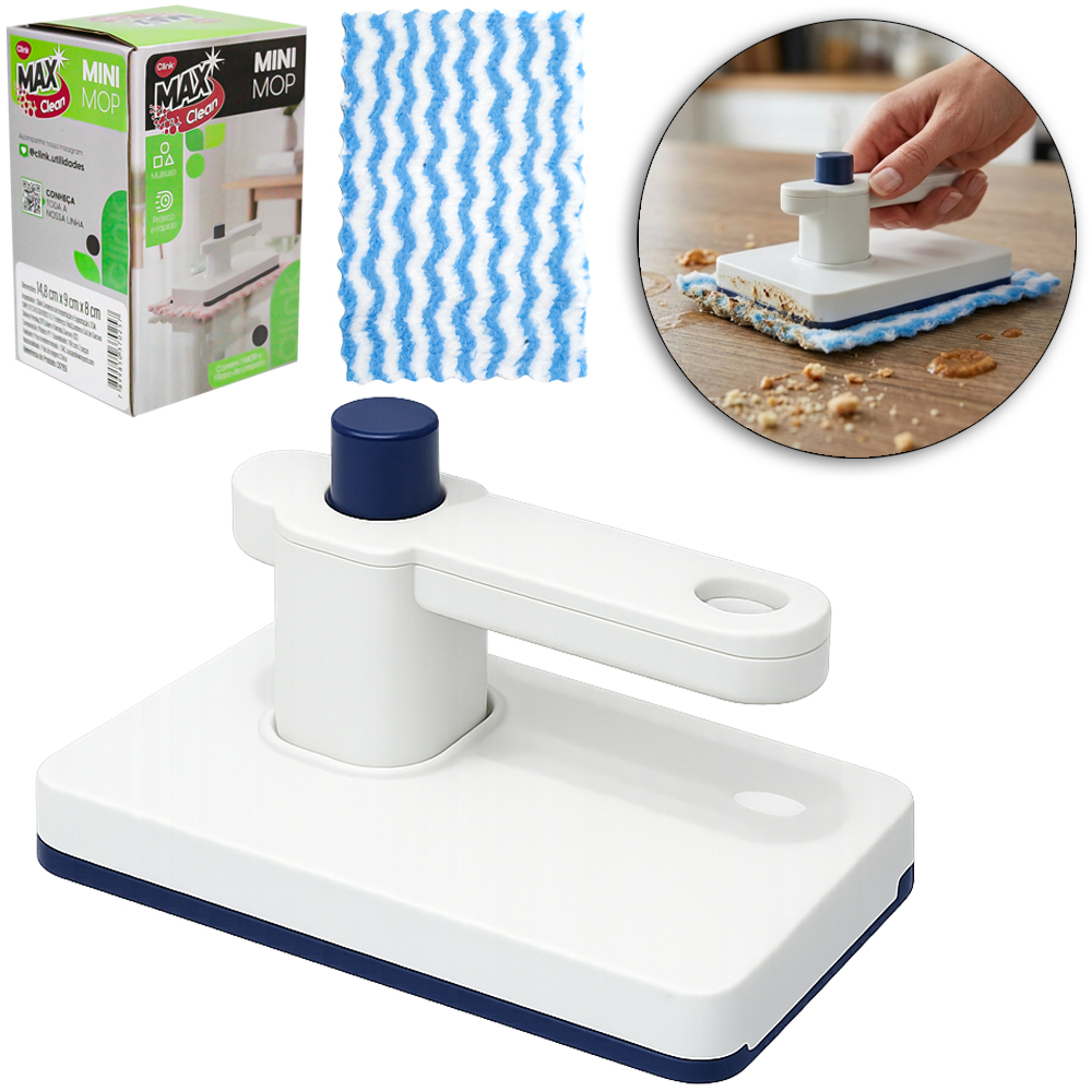 MINI MOP DE PLASTICO COM CABO + BOTAO E PANO DE POLIESTER MAX CLEAN