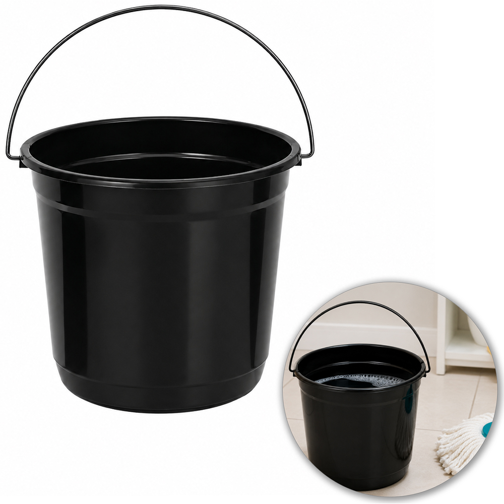 BALDE DE PLASTICO REDONDO PRETO COM ALCA DE METAL 8L 22X25CM DE Ø  