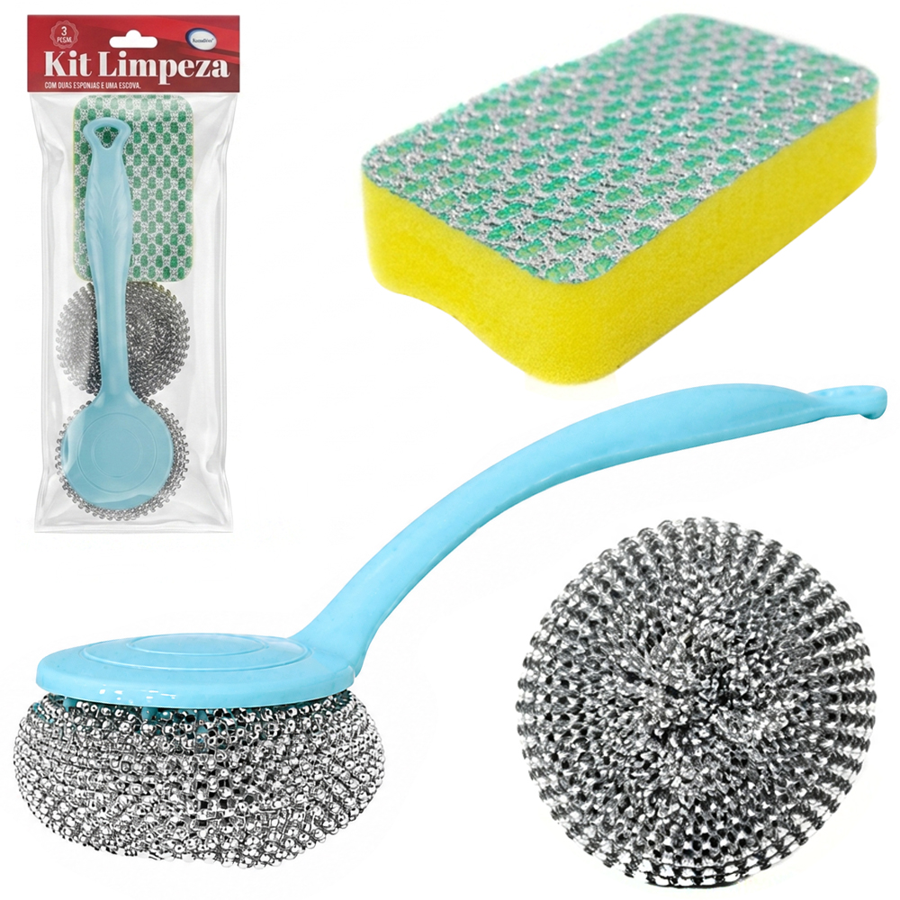 KIT LIMPEZA ESPONJA / BUCHA DE ACO REDONDA PARA LIMPEZA CABO PLASTICO COM REFIL + 1 ANTI-RISCO 23X8CM DE Ø