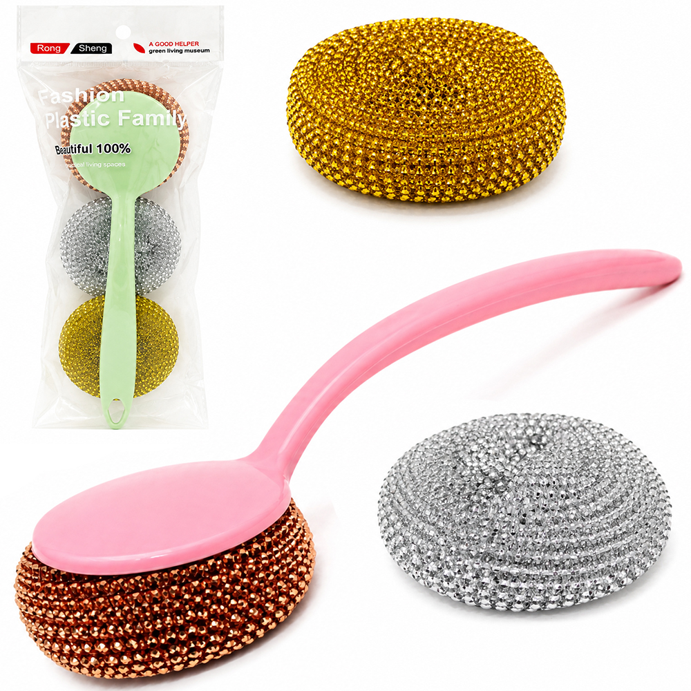 ESPONJA / BUCHA DE ACO REDONDA PARA LIMPEZA CABO PLASTICO + 2 REFIS 25X8CM DE Ø
