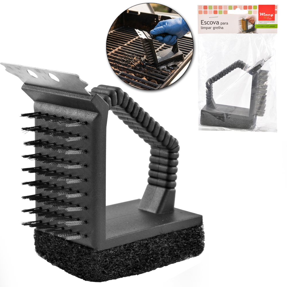 ESCOVA DE ACO PARA GRELHA CHURRASQUEIRA COM RASPADOR + ESPONJA / BUCHA ABRASIVA E ALCA DE PLASTICO 