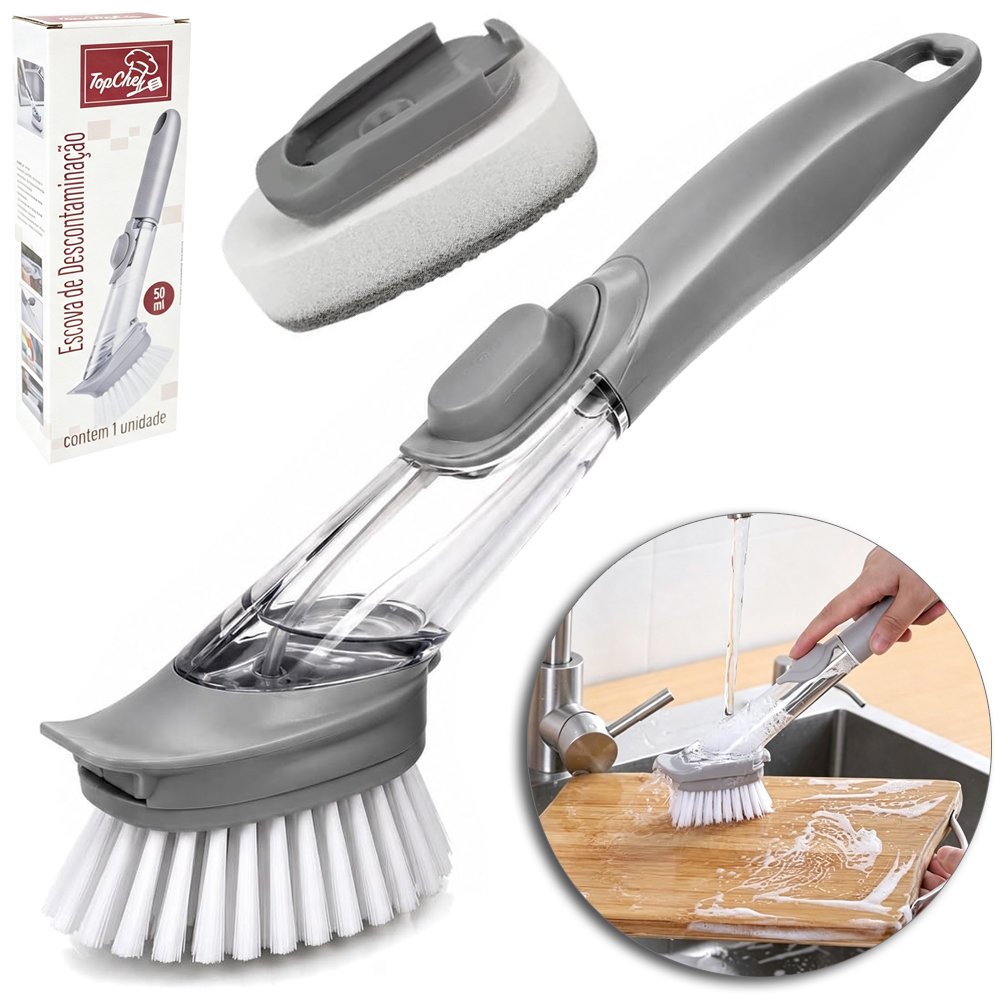 ESCOVA MULTIUSO PARA LIMPEZA COM RASPADOR + BUCHA CABO DISPENSER DE PLASTICO