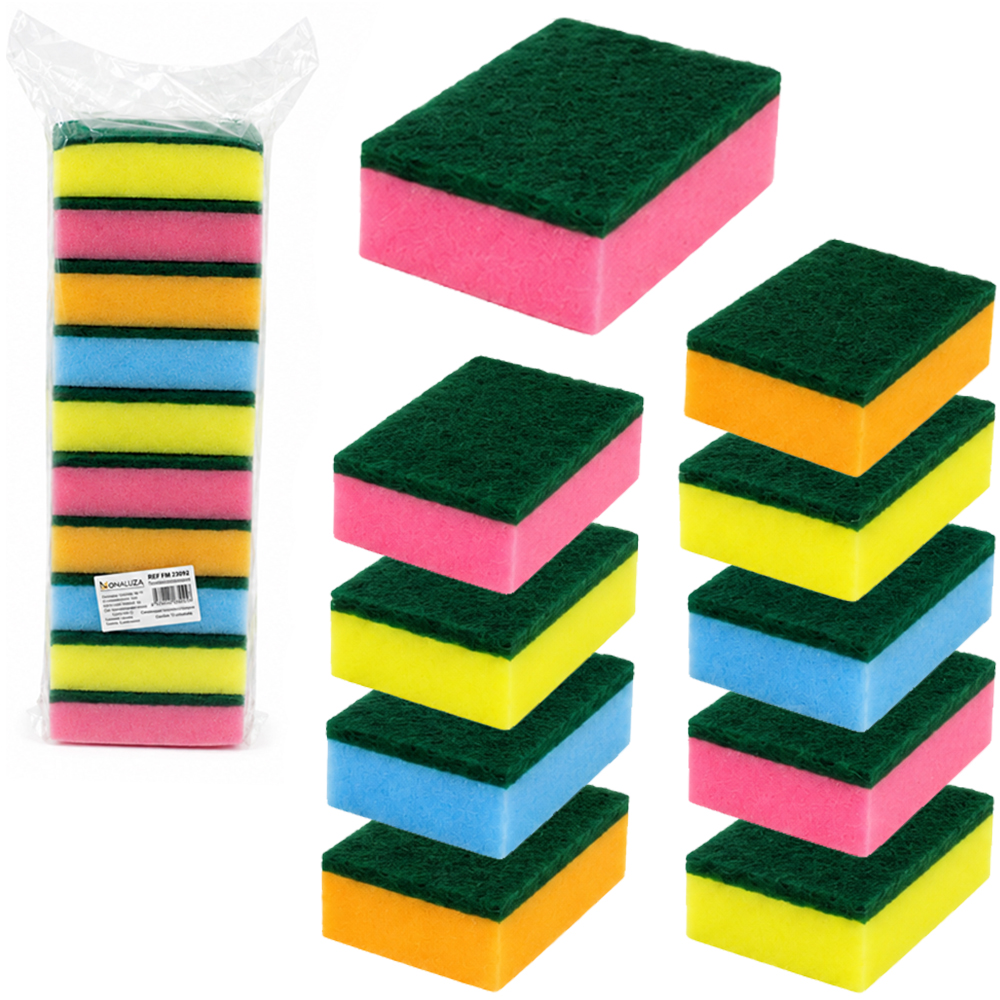 ESPONJA / BUCHA ABRASIVA MULTIUSO DUPLA FACE COLORS COM 10 PECAS 100X70X30MM 