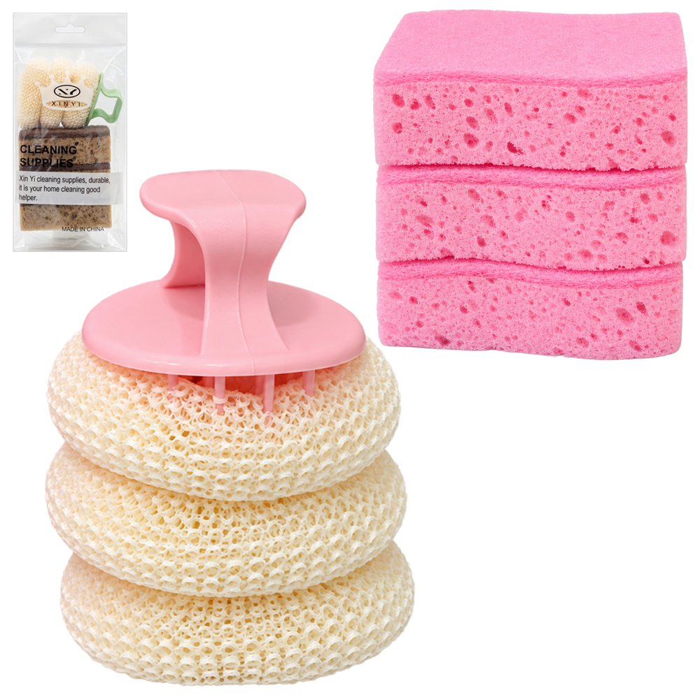 ESPONJA / BUCHA REDONDA PARA LIMPEZA ANTI-RISCO MULTIUSO CABO PLASTICO COM 3 PECAS + 3 ABRASIVA DUPLA FACE