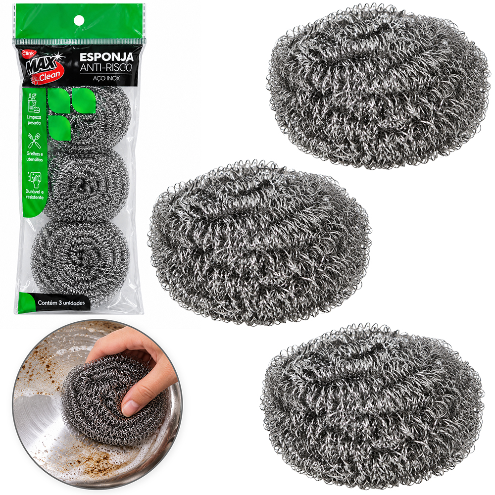 ESPONJA / BUCHA DE ACO PARA LIMPEZA MAX CLEAN COM 3 PECAS 6,5CM DE Ø 
