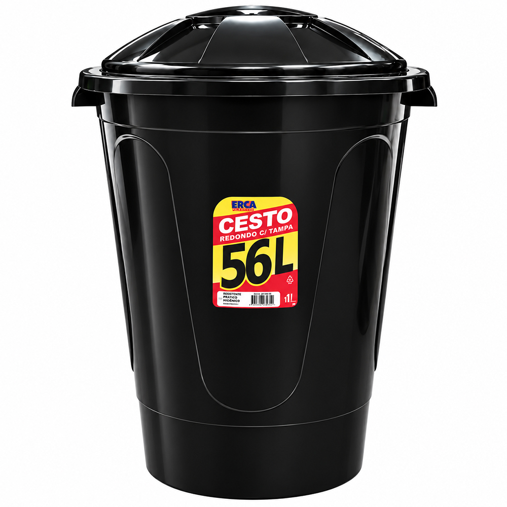 LIXEIRA CESTO DE PLASTICO REDONDO PRETO COM TAMPA E ALCA 56L 58X45X44,5CM DE Ø 