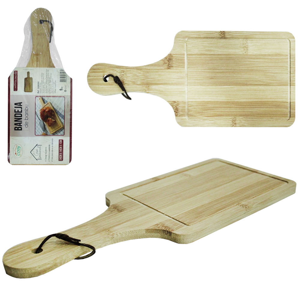 TABUA / BANDEJA DE CORTE DE BAMBU MULTIUSO RETANGULAR COM PEGADOR 34X14CM