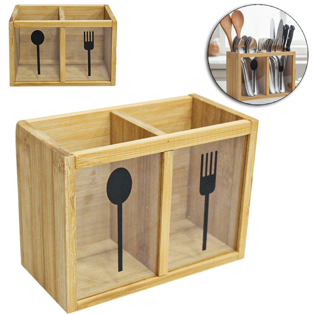 PORTA TALHER / ESCORREDOR DE TALHER DE BAMBU COM VISOR E DIVISORIAS 18X13X9CM