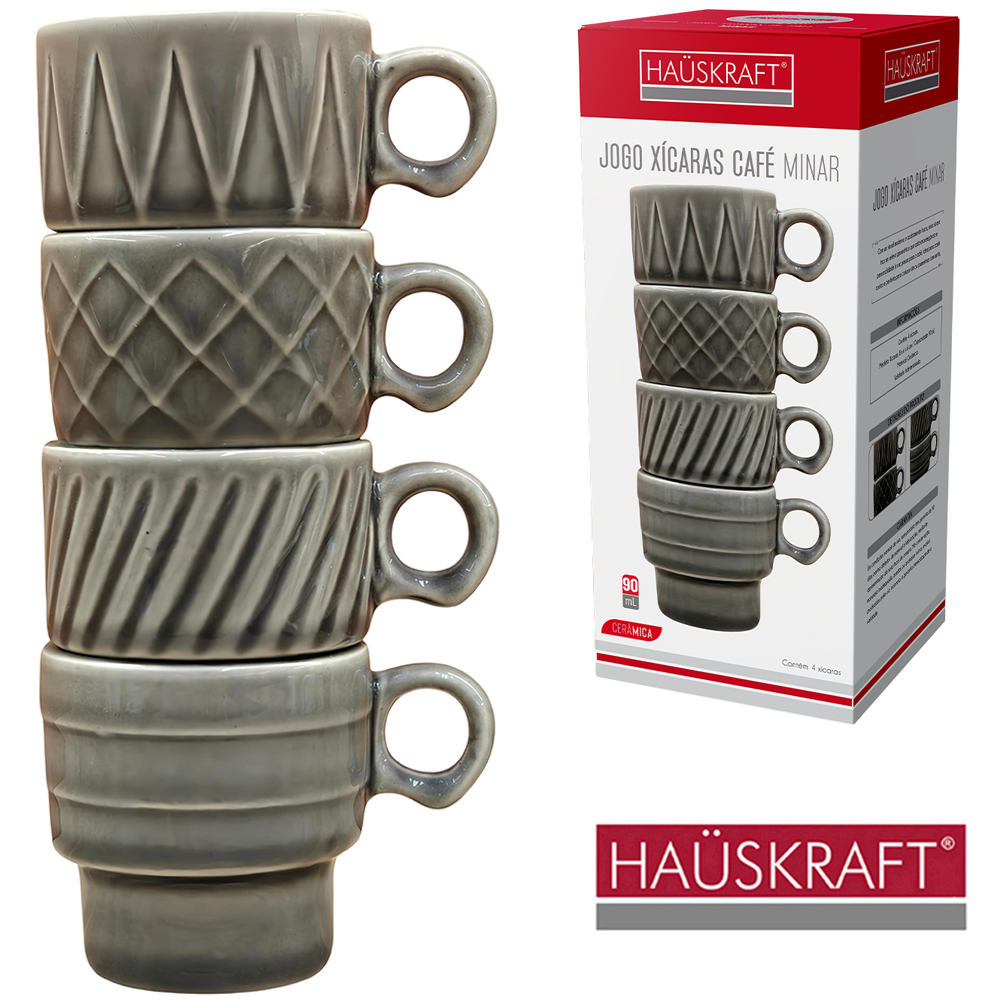 JOGO DE XICARA DE PORCELANA EMPILHAVEL PARA CAFE MINAR HAUSKRAFT CINZA COM 4 PECAS 90ML 