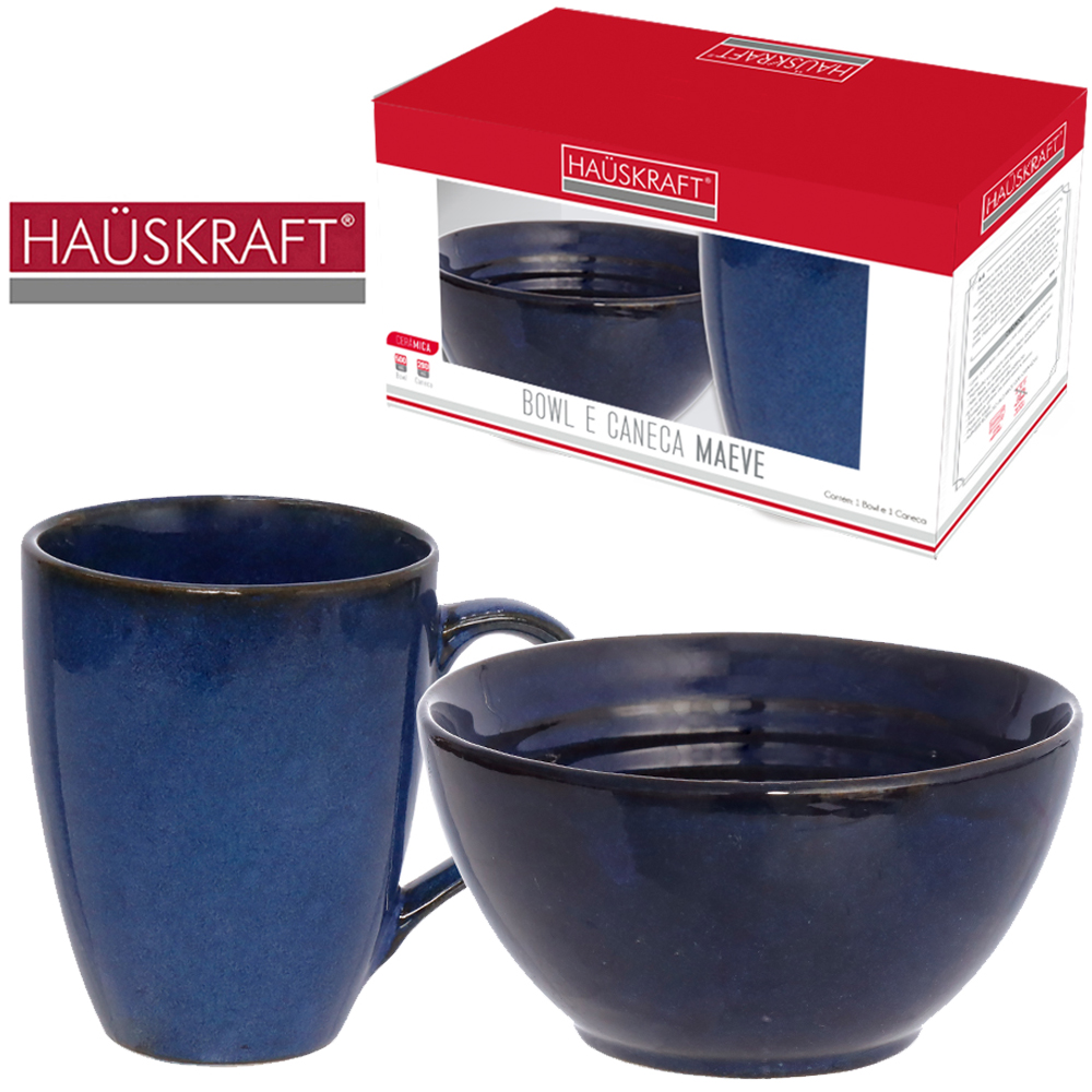 CANECA + TIGELA CUMBUCA BOWL DE PORCELANA MAEVE AZUL HAUSKRAFT 280/500ML
