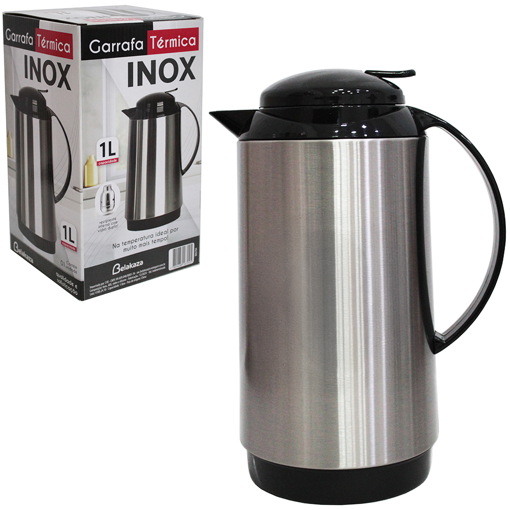 GARRAFA TERMICA INOX COM AMPOLA DE VIDRO COM GATILHO 1L